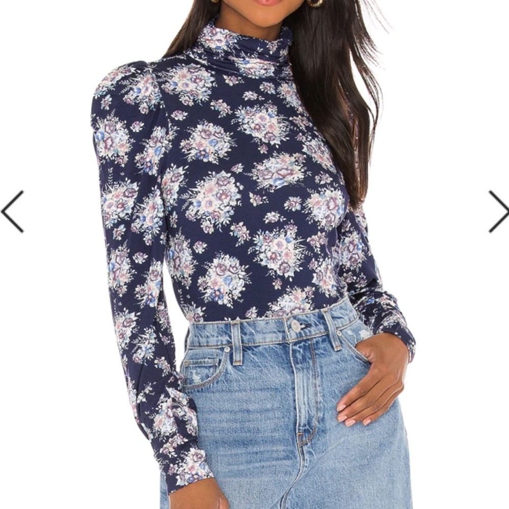 LoveShackFancy Vienna Floral Print Turtleneck Top In Blue